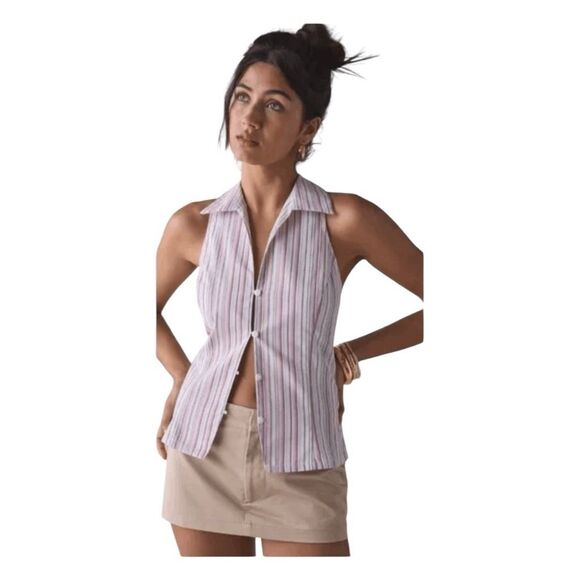 Urban Outfitters Party Girl Cotton-Blend Button Down Sleeveless Shirt Pink Strip - Picture 1 of 9